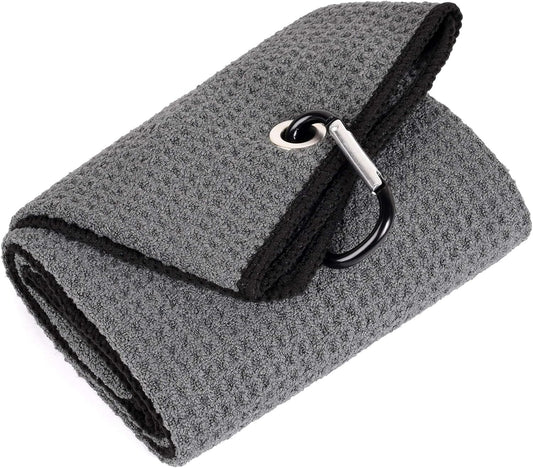 Tri-Fold Golf Towel | 16" X 24" | Premium Microfiber Fabric | Waffle Pattern | with Heavy Duty Carabiner Clip | for Men and Women (Dark Gray)