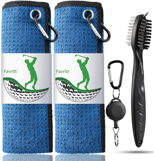 Golf Towel Set with Clip, Cleaning Brush & Accessories | 2 Golf Towels | Golf Gifts for Men, Women